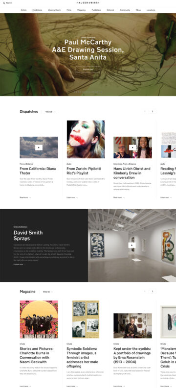 Hauser & Wirth's explore page with an assortment of trending articles highlighting the agency's unique possibilities.