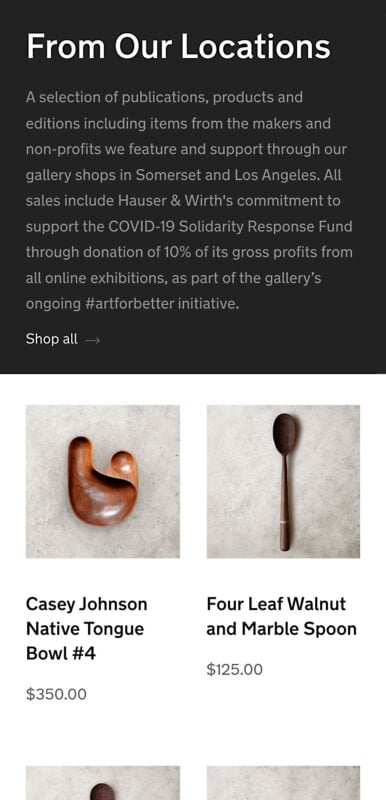 The mobile version of Hauser & Wirth's website showcasing an oval-shaped bowl alongside a handcrafted dark brown spoon.