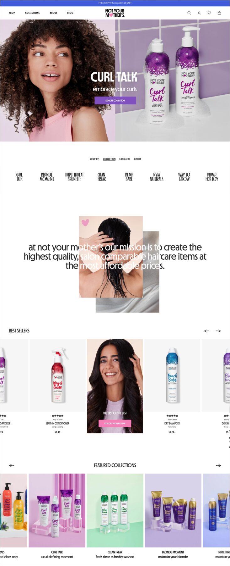 Not Your Mothers landing page web design showcasing their beauty and haircare branding and curl products.