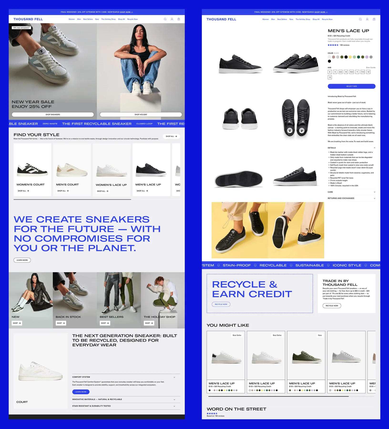 A shoe store website showcasing various fashionable, sustainable, and climate friendly sneakers with a split screen design.