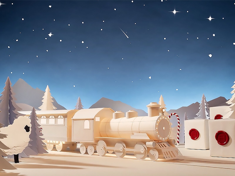 Campaign creation for Assouline: Paper-crafted train in a snowy landscape with trees, a candy cane post, & stars in the sky.