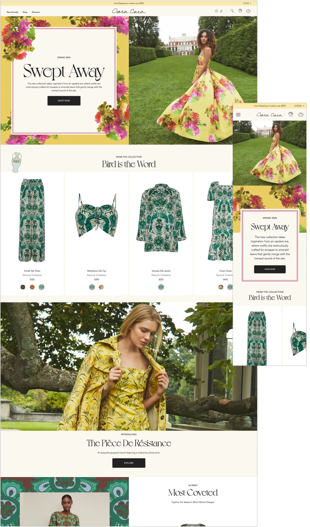 Cara-Cara's website design showcasing a floral dress, trendy clothing sets featuring colorful patterns & elegant typography.