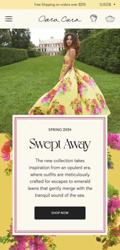 A mobile version of a website showcasing the vibrant spring collection, featuring a floral dress and clothes for the season.